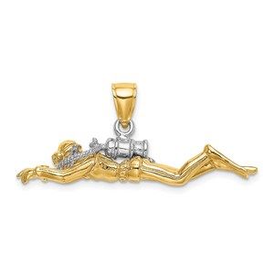 14k Yellow Gold w Rhodium 3-D Male Scuba Diver Necklace Charm Pendant, Unisex